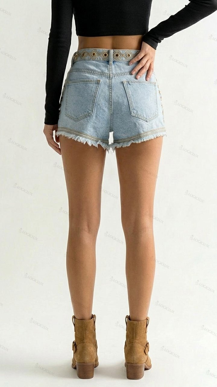 Womens Studded High Waisted Frayed Denim Shorts