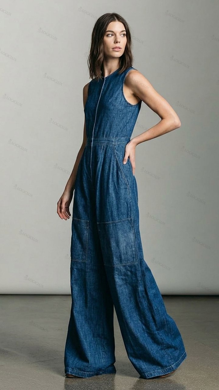 Women's Sleeveless Wide-leg Denim Jumpsuit
