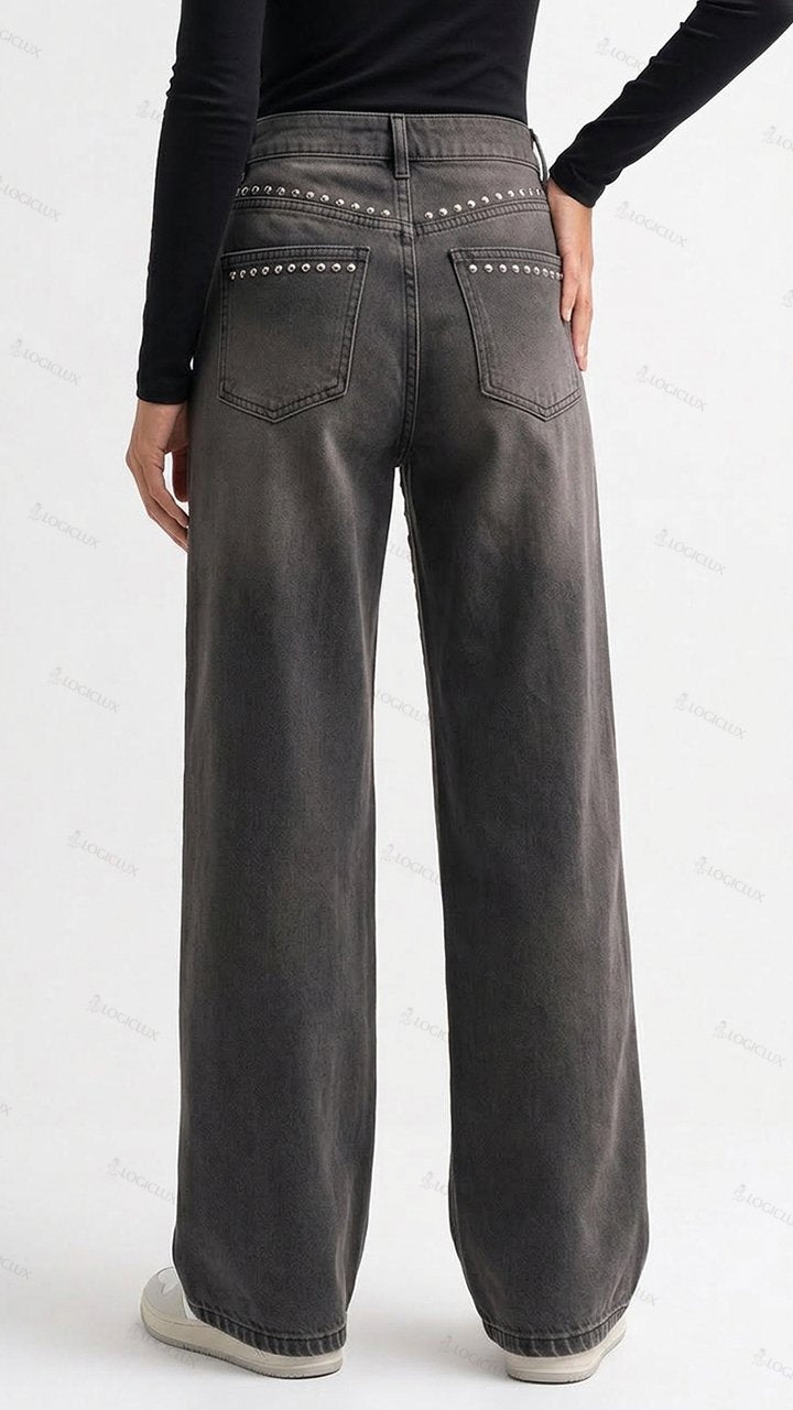 Womens Rivet Trimmed High Waisted Wide Leg Denim Pants