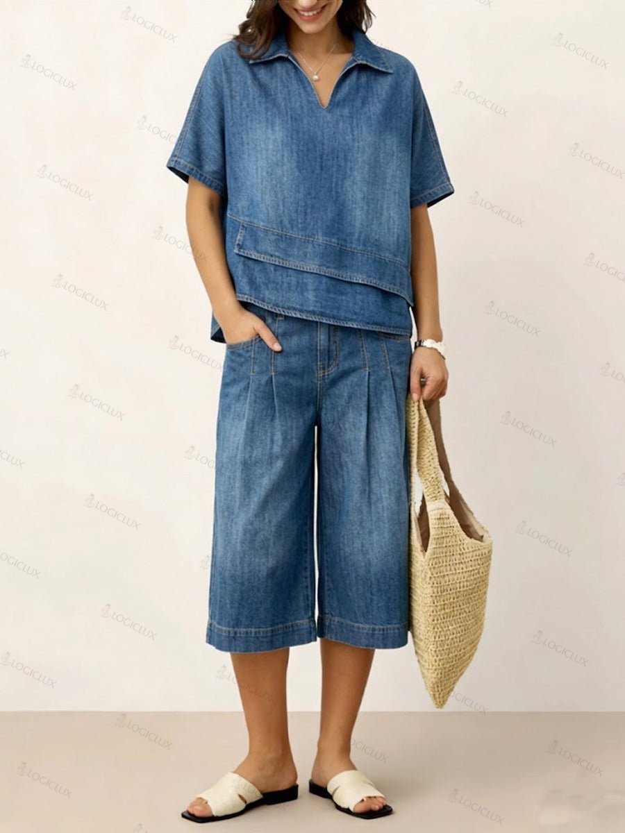 Women's V-neck Short-sleeved Casual Loose Denim Top And High-waisted Wide-leg Jeans Set
