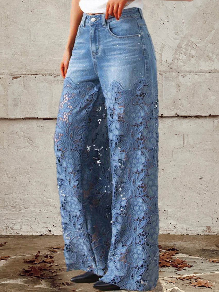 Women's Mid Waist Buttoned Lace Patchwork Jeans