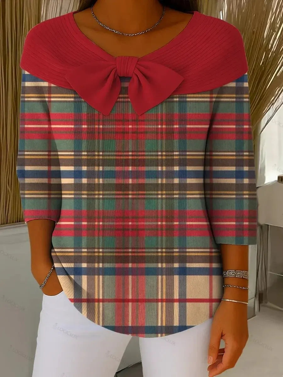 Women's Vintage Plaid Art Print Casual Sweater