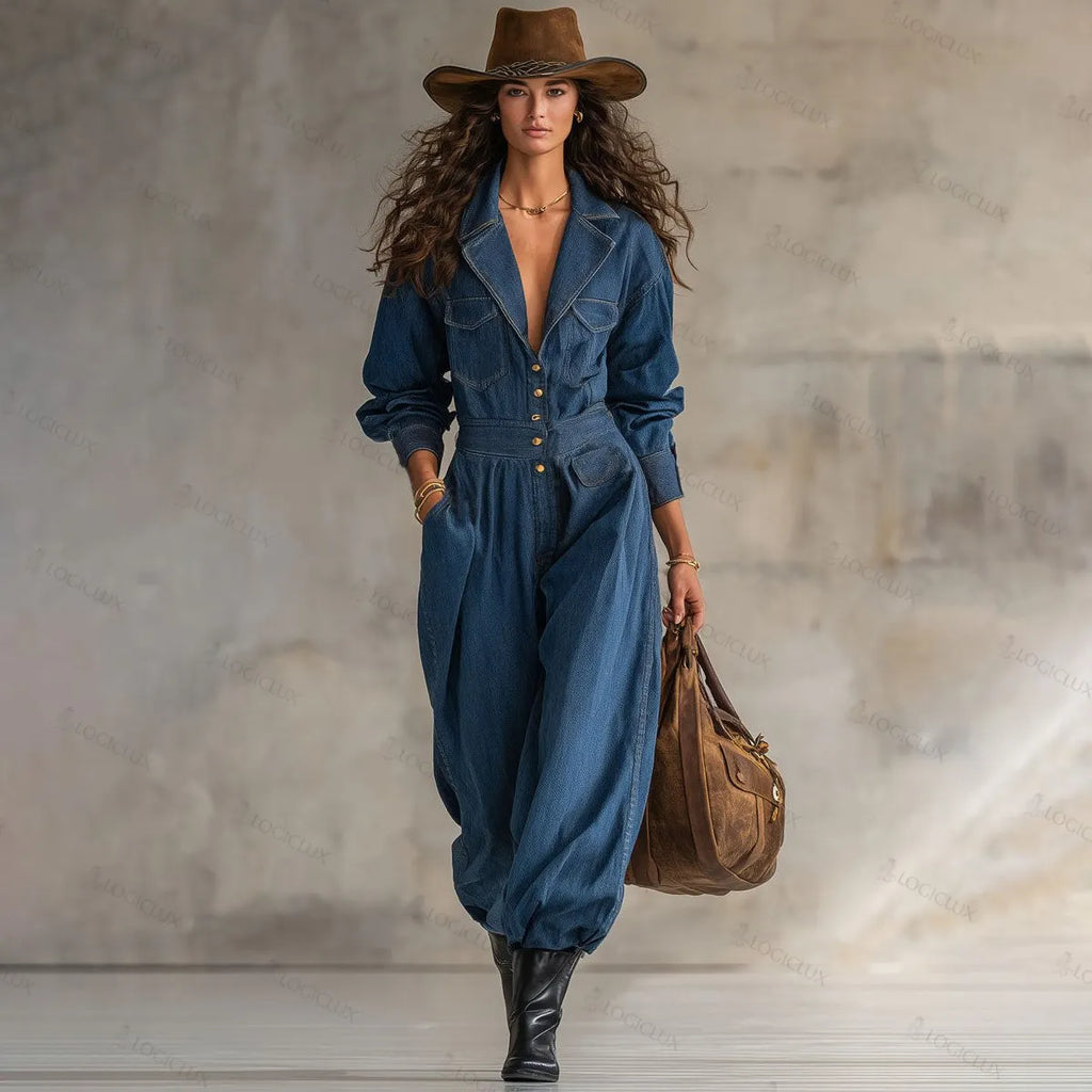 Loose Fit Lapel Button-down Multi-pocket Long-sleeved Denim Jumpsuit