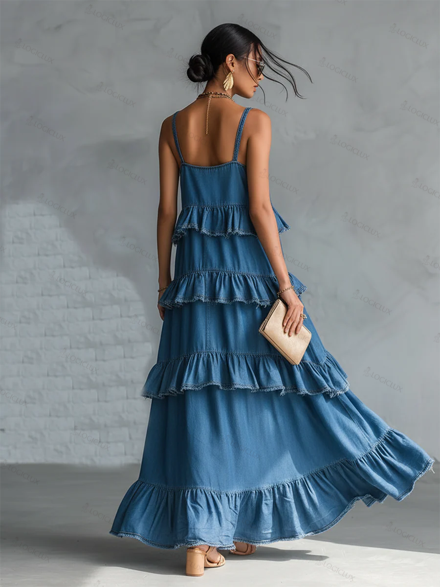 Romantic Multi-layered Ruffled Denim Maxi Dress