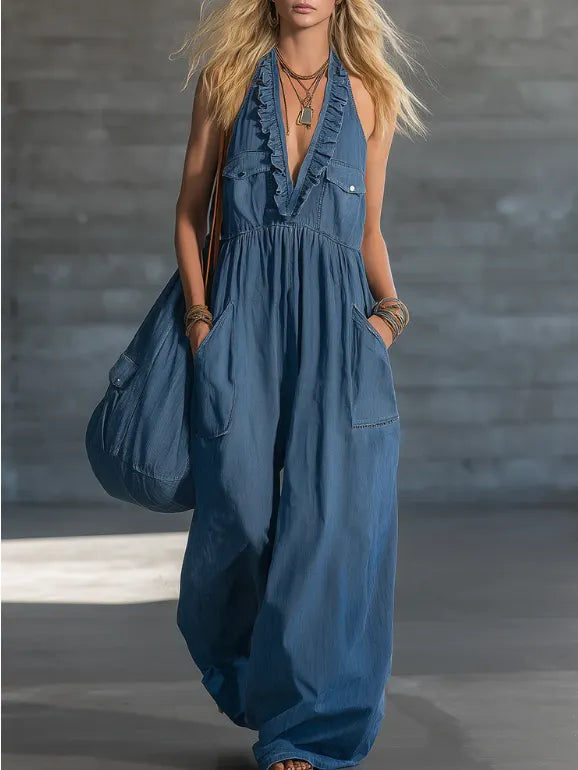 Retro-style Ruffled Collar Casual Denim Jumpsuit