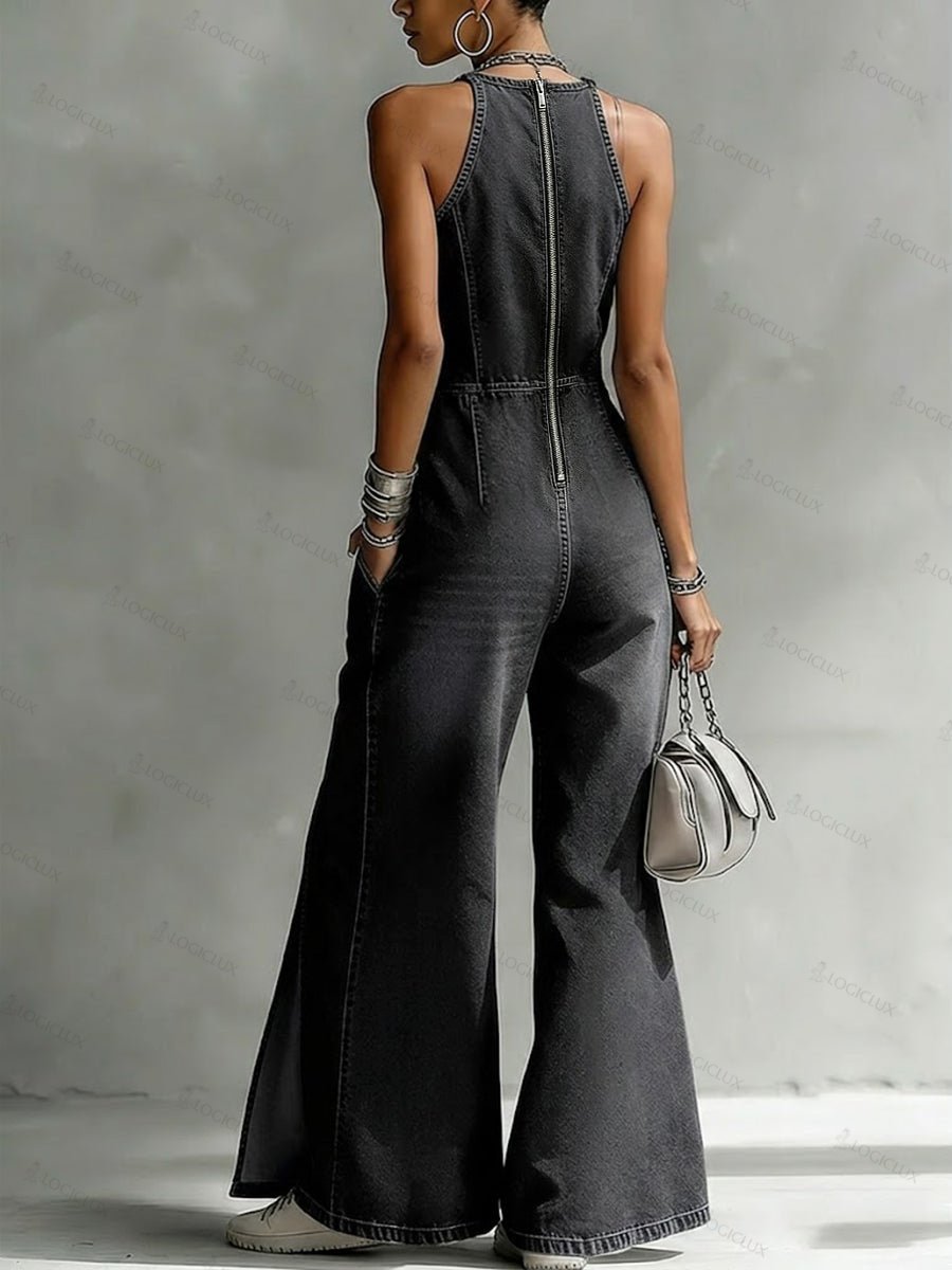 Casual Split Sleeveless Denim Jumpsuit