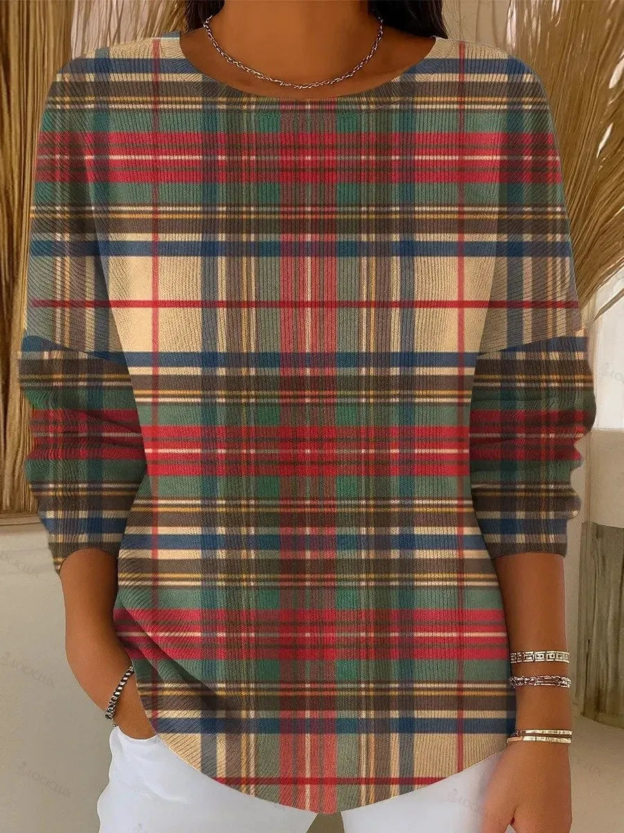 Women's Vintage Plaid Art Print Casual Sweater