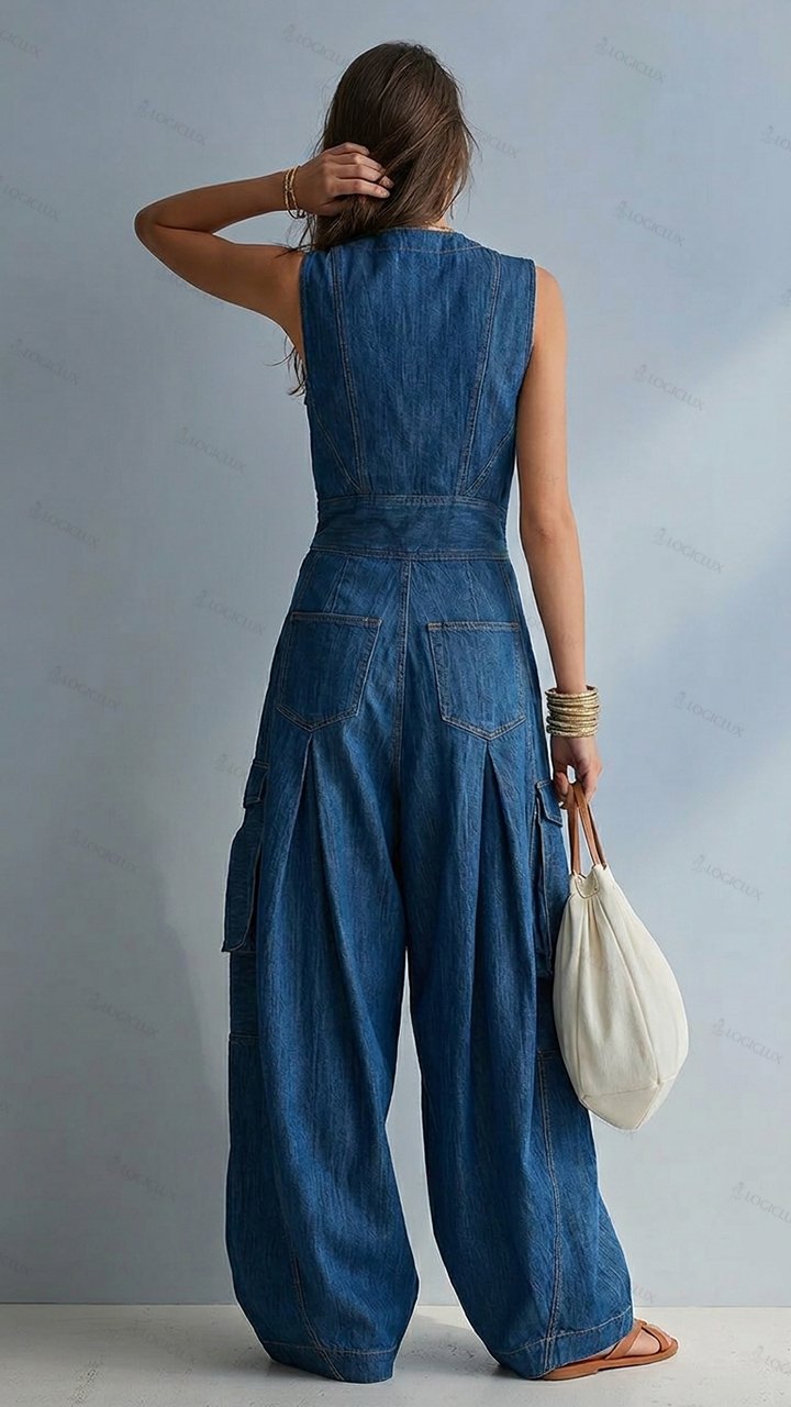 V-neck Sleeveless Denim Wide-leg Jumpsuit