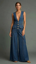 Womens Sleeveless Deep V-neck Single-breasted Multi-pocket Wide Leg Denim Jumpsuit