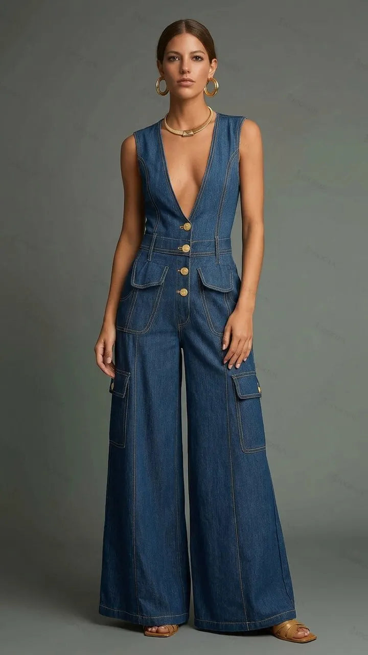 Womens Sleeveless Deep V-neck Single-breasted Multi-pocket Wide Leg Denim Jumpsuit