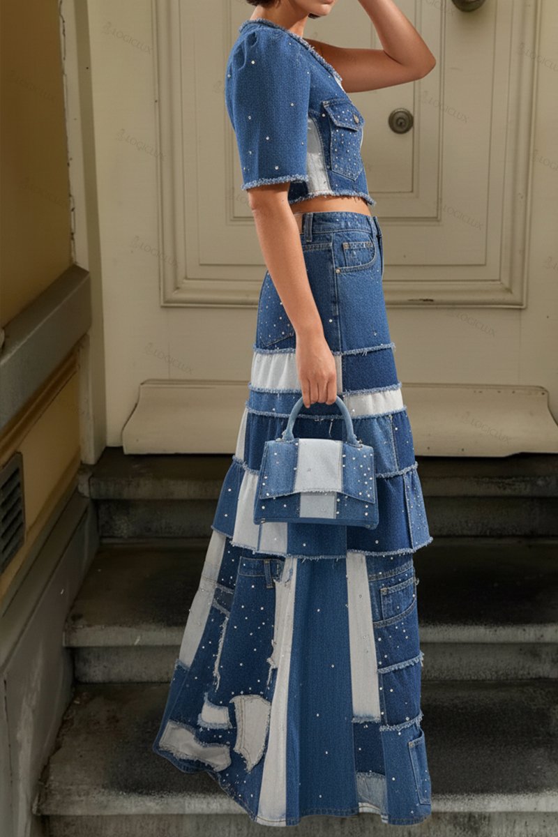 Women's Casual Spliced Denim Top With Rhinestone Accents & Paneled Wide Leg Jeans