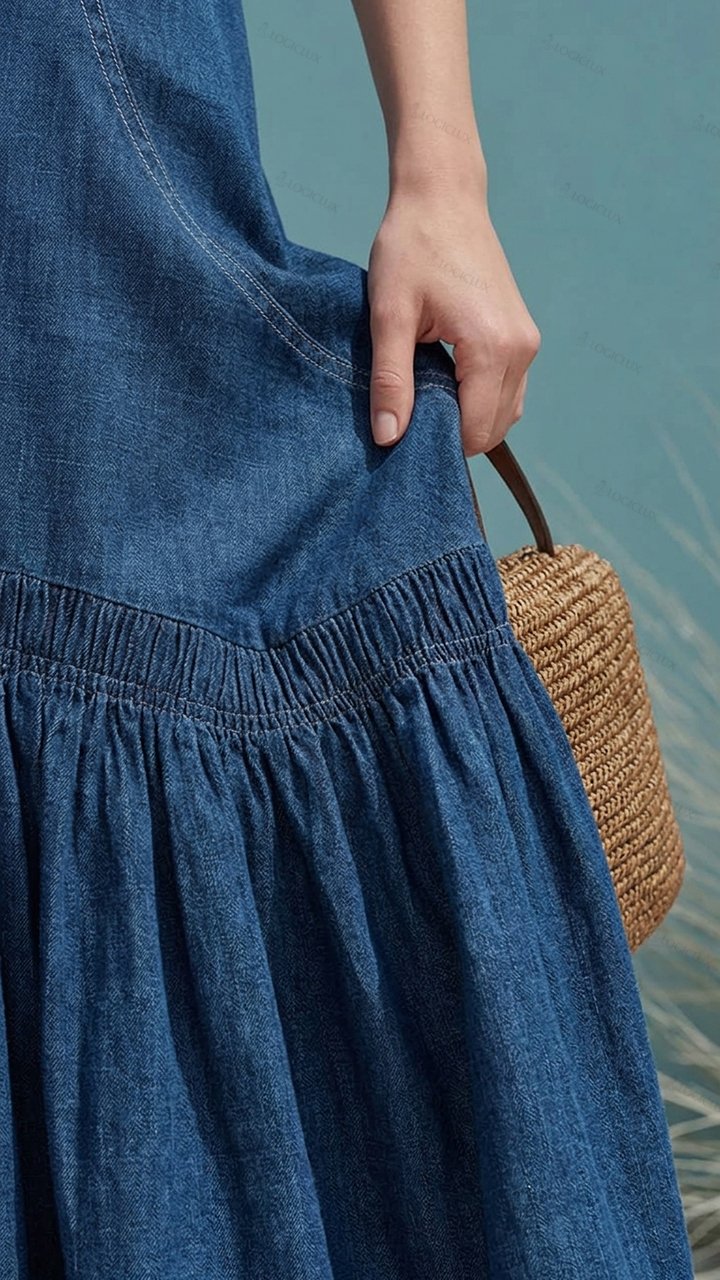Women's Sleeveless Denim Ruffle Hem Long Dress