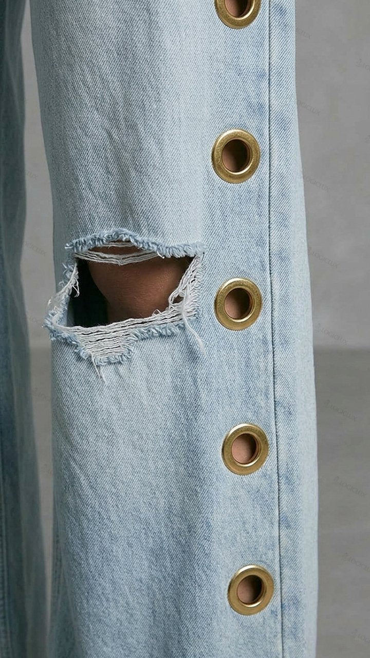 Womens High Waist Wide Leg Side Metal Buckle Ripped Jeans
