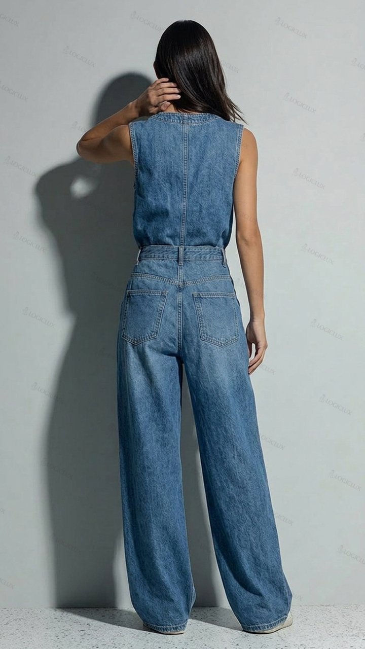 Women's Sleeveless Denim Vest with High-waist Wide-leg Denim Pants Set