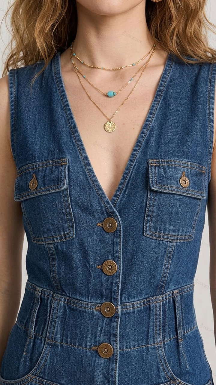 Womens Sleeveless V-neck Multi-pocket Denim Jumpsuit