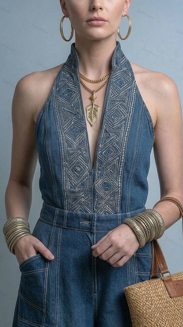 Women's Embroidered Halter Denim Jumpsuit