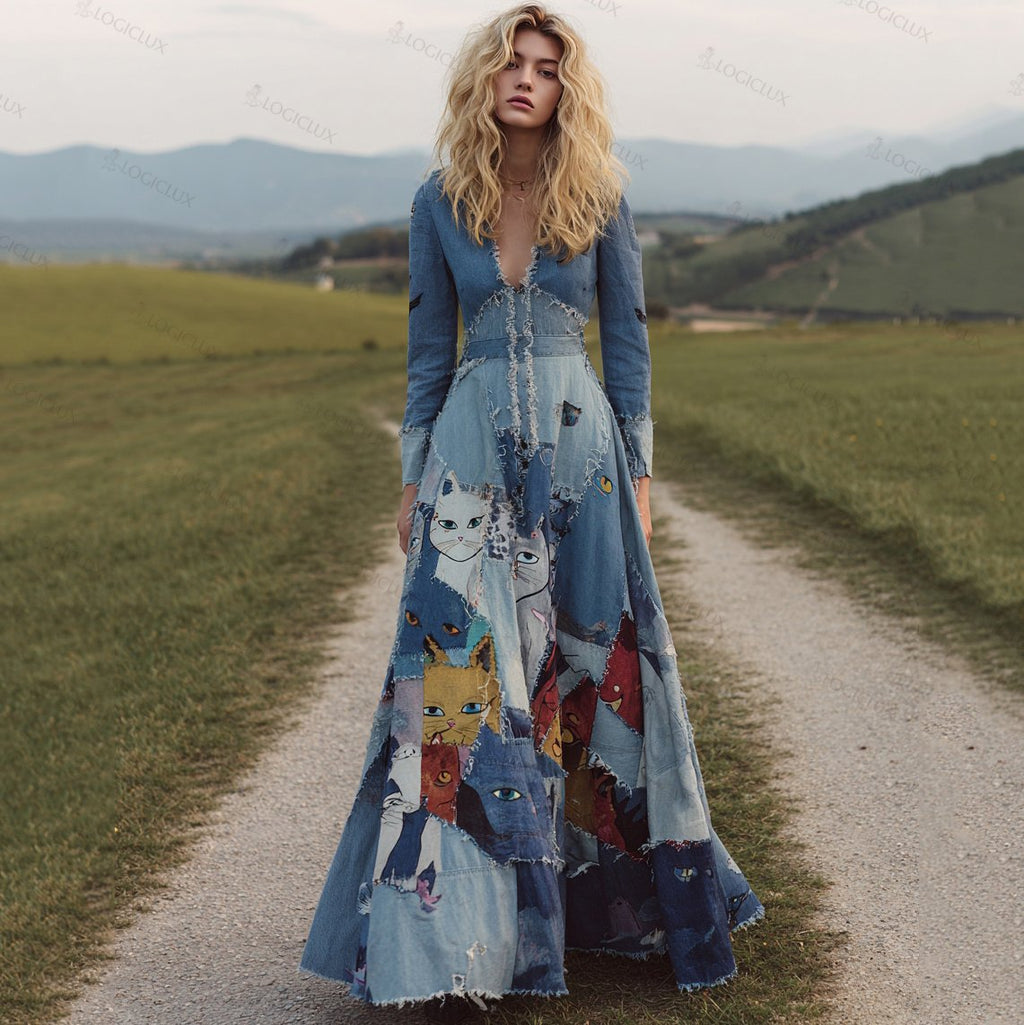 Women's Vintage Patchwork Cat Long Sleeve Denim Print Maxi Dress