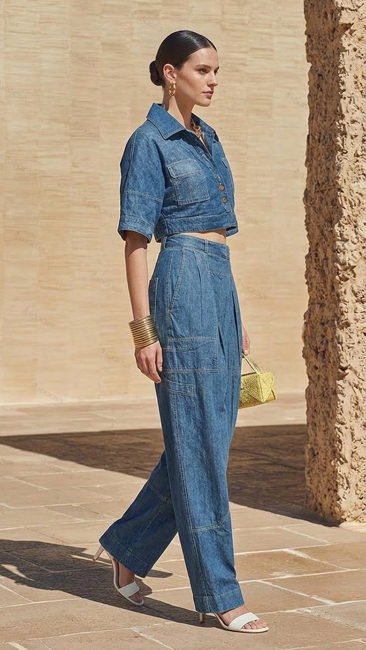 Short denim jacket paired with high-waisted wide-leg denim pants set