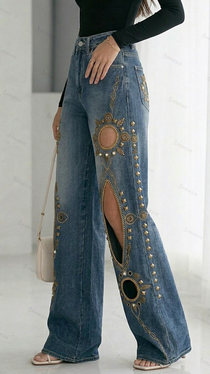 Womens High Waist Wide Leg Embroidered Cut-out Jeans