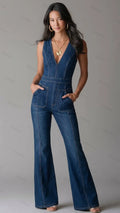 Womens Sleeveless V-neck High Waist Flared Denim Jumpsuit