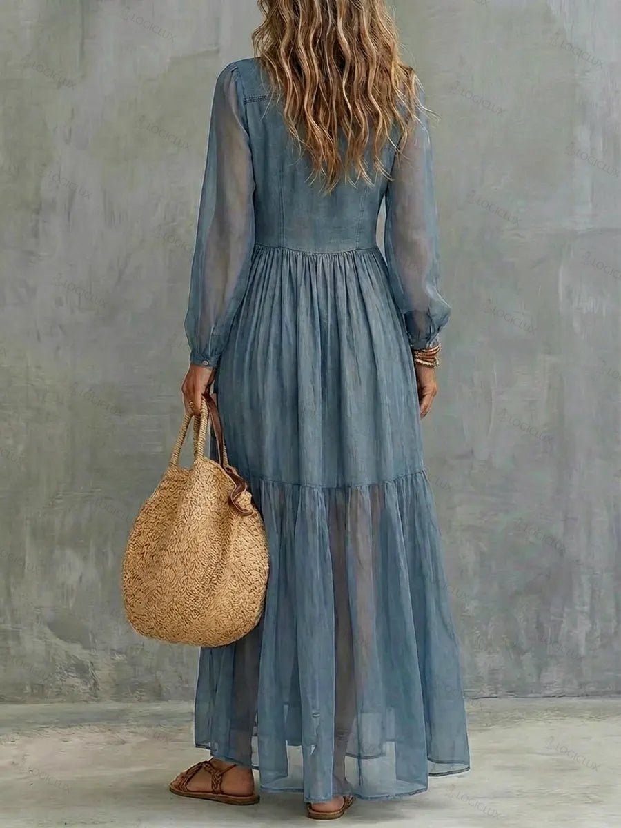 Women's Retro Lapel Denim Organza Patchwork Art Casual Maxi Dress