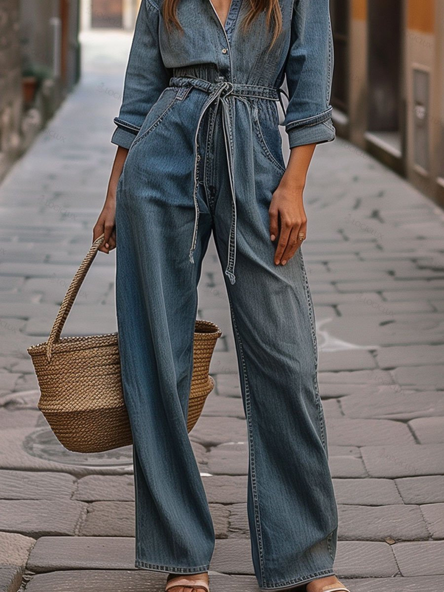 Women's Retro Drawstring Lace-Up Long-Sleeved Wide-Leg Denim Jumpsuit