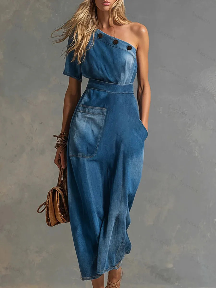 Women's Off-shoulder Short-sleeved Casual Loose Denim Dress