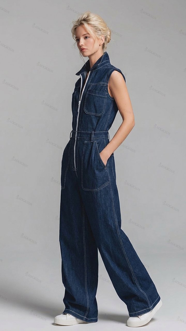 Women's Sleeveless Denim Wide-leg Jumpsuit