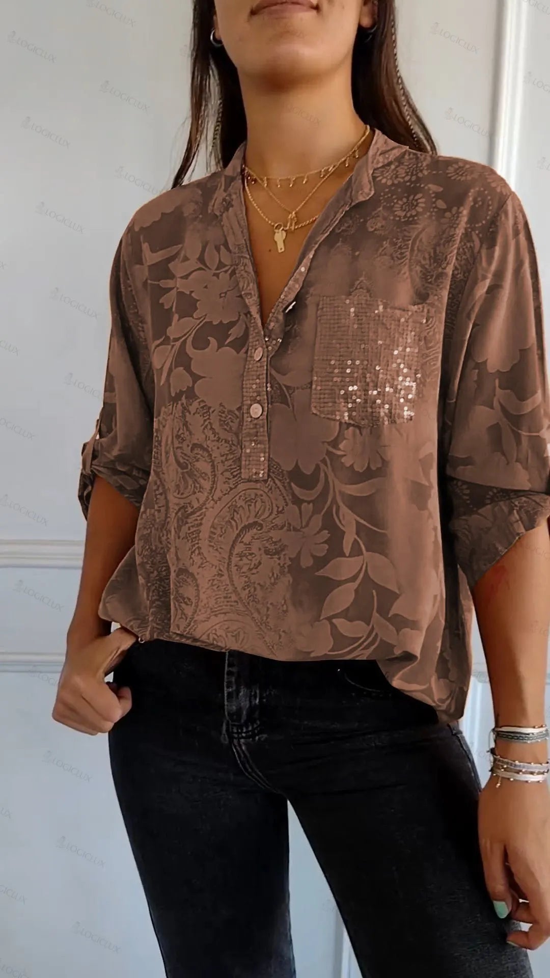V-neck Half-button Printed Top(buy more save more)