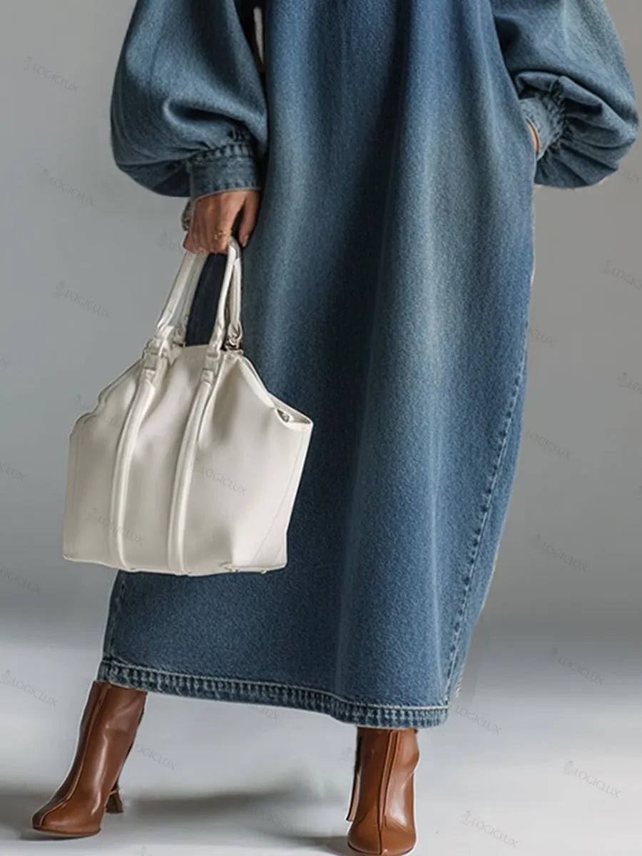 Elegant Urban-style Blue Denim Button-down Maxi Dress