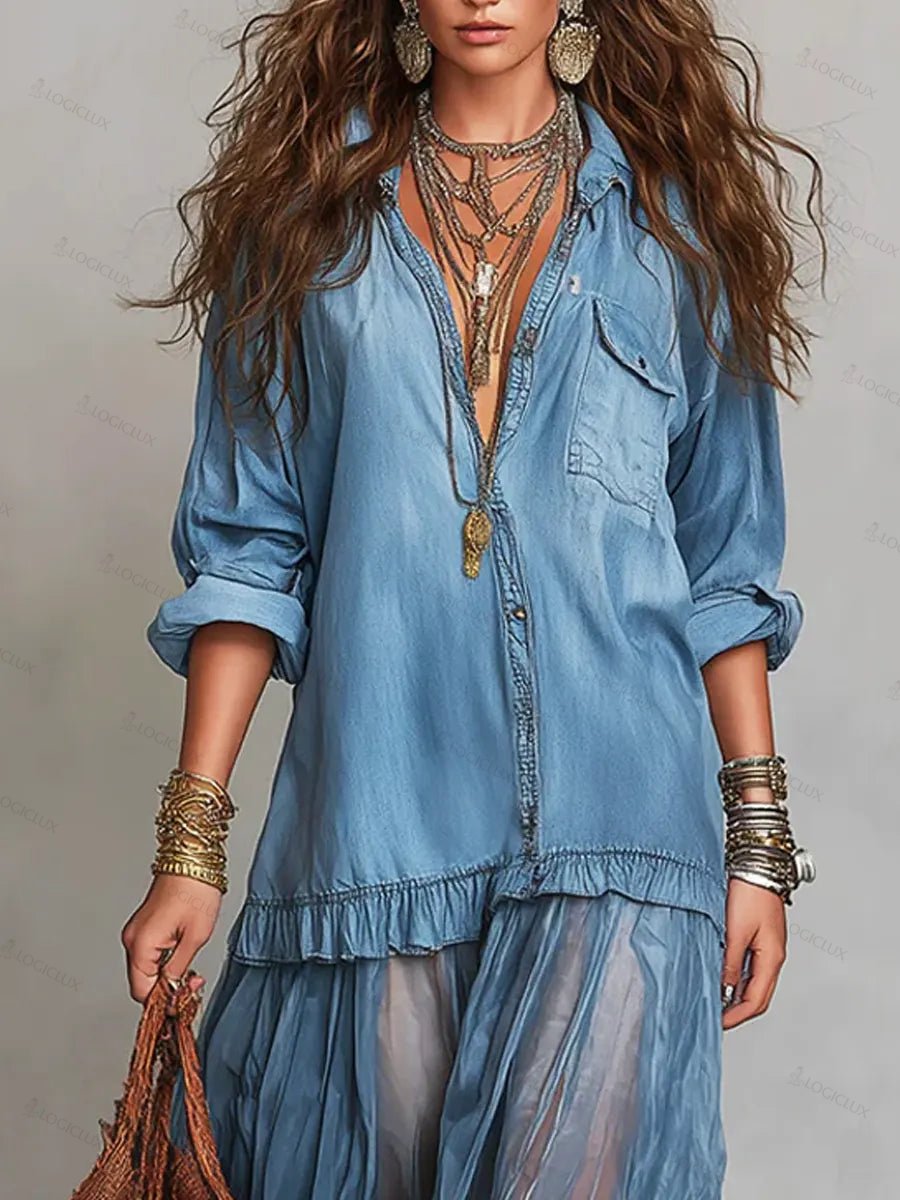 Women's Retro Lapel Denim Organza Patchwork Art Casual Maxi Dress