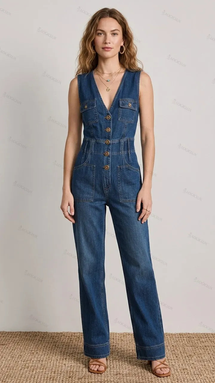 Womens Sleeveless V-neck Multi-pocket Denim Jumpsuit