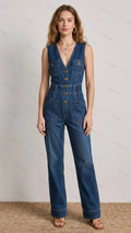 Womens Sleeveless V-neck Multi-pocket Denim Jumpsuit