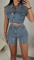 Women's Collared Rhinestone Denim Vest & Shorts Set