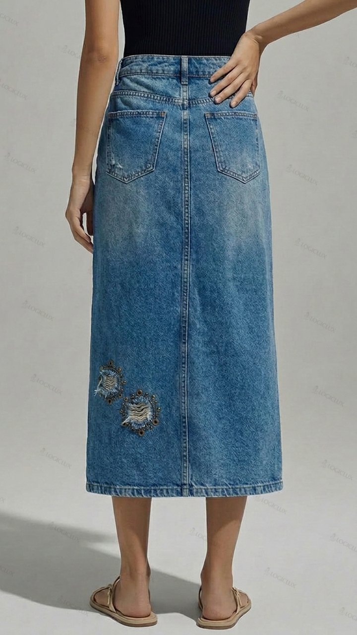 Womens Beaded Ripped Slit Denim Midi Skirt