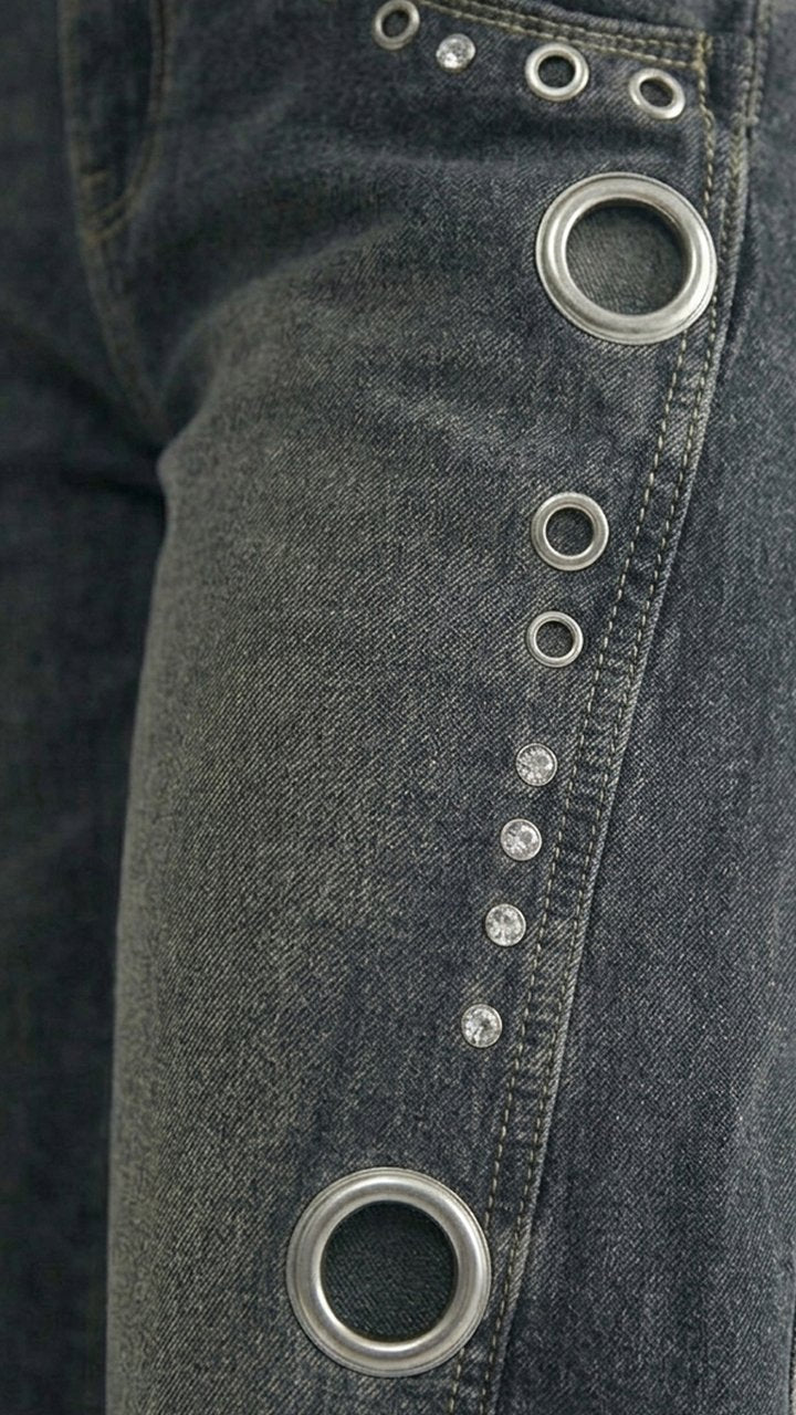 Womens High Waist Eyelet Decorated Wide Leg Jeans