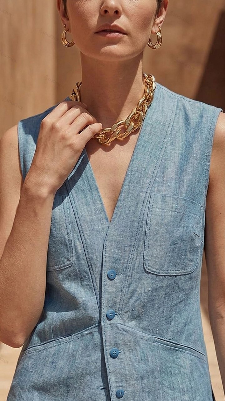 Women's V-neck Sleeveless Denim Vest and Wide-leg Pants Set