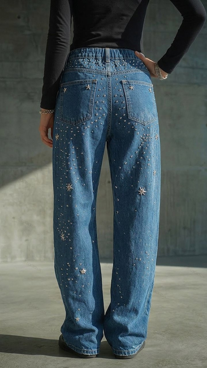 Womens Star Rhinestone Wide Leg Denim Pants