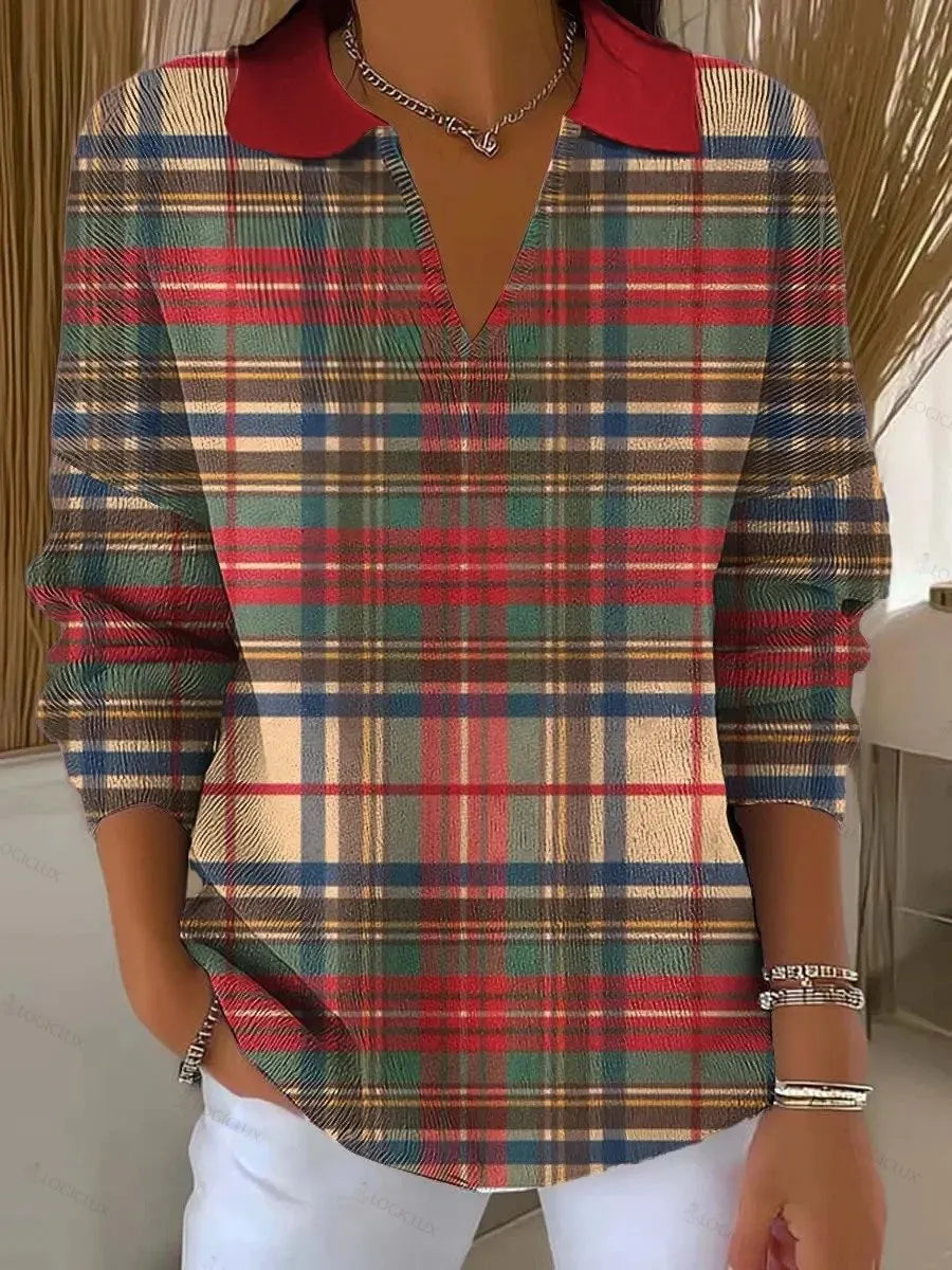 Women's Vintage Plaid Art Print Casual Sweater