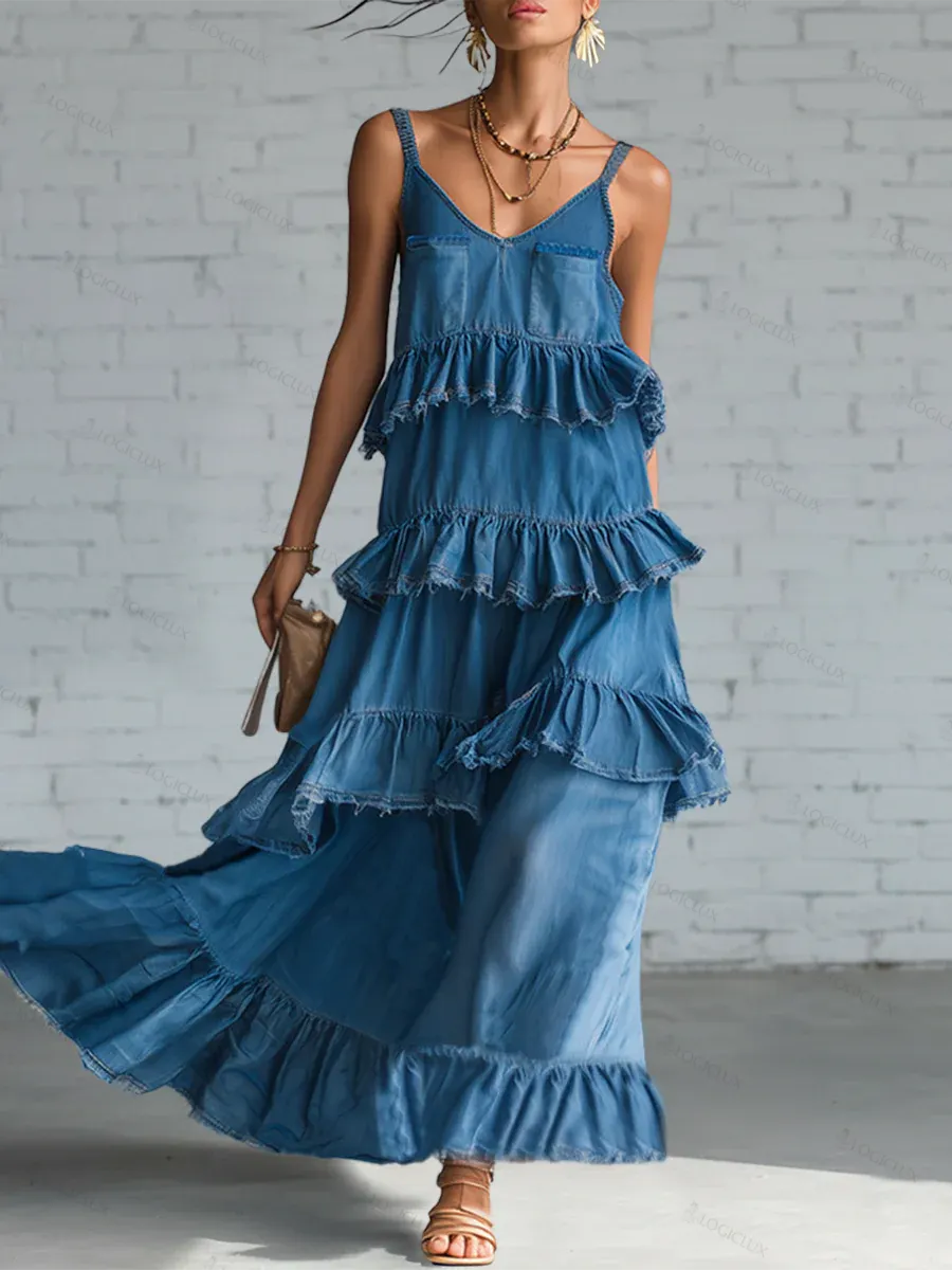 Romantic Multi-layered Ruffled Denim Maxi Dress