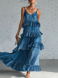 Romantic Multi-layered Ruffled Denim Maxi Dress