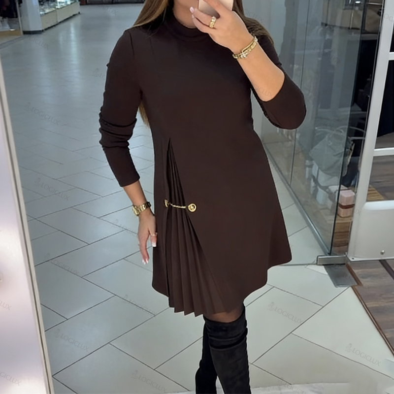 Sophisticated A-Line Dress with Pleated Detail and Gold Chain