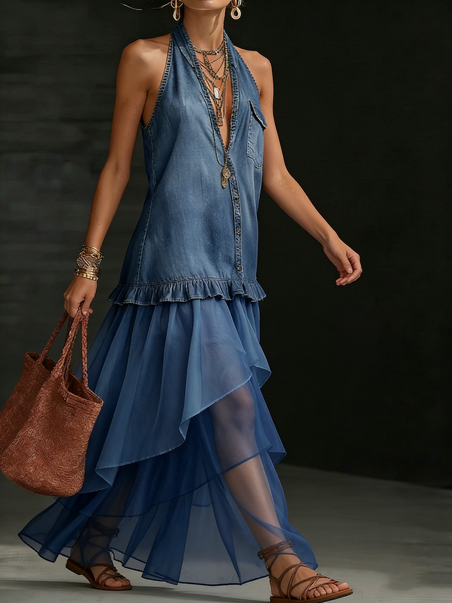 Boho Organza Hem Loose-fit Denim Maxi Dress