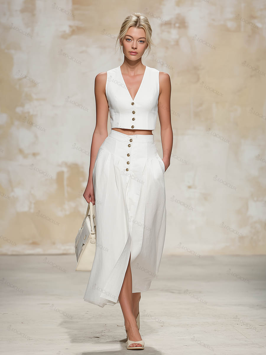 Vintage And Elegant V-neck Vest And Button-front Skirt Set