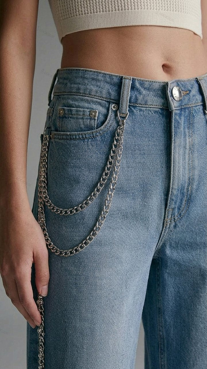Womens High Waist Wide Leg Chain Decorated Jeans