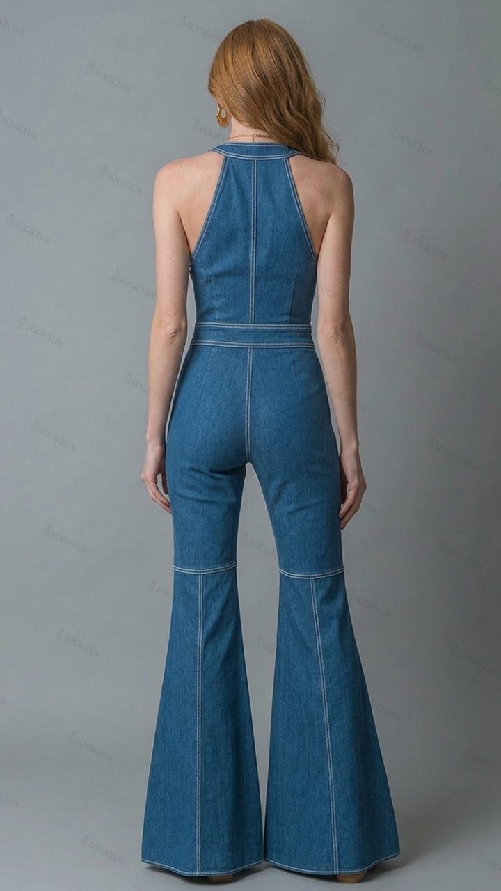 Womens Sleeveless Deep V-neck Multi-pocket Single-breasted Flared Denim Jumpsuit