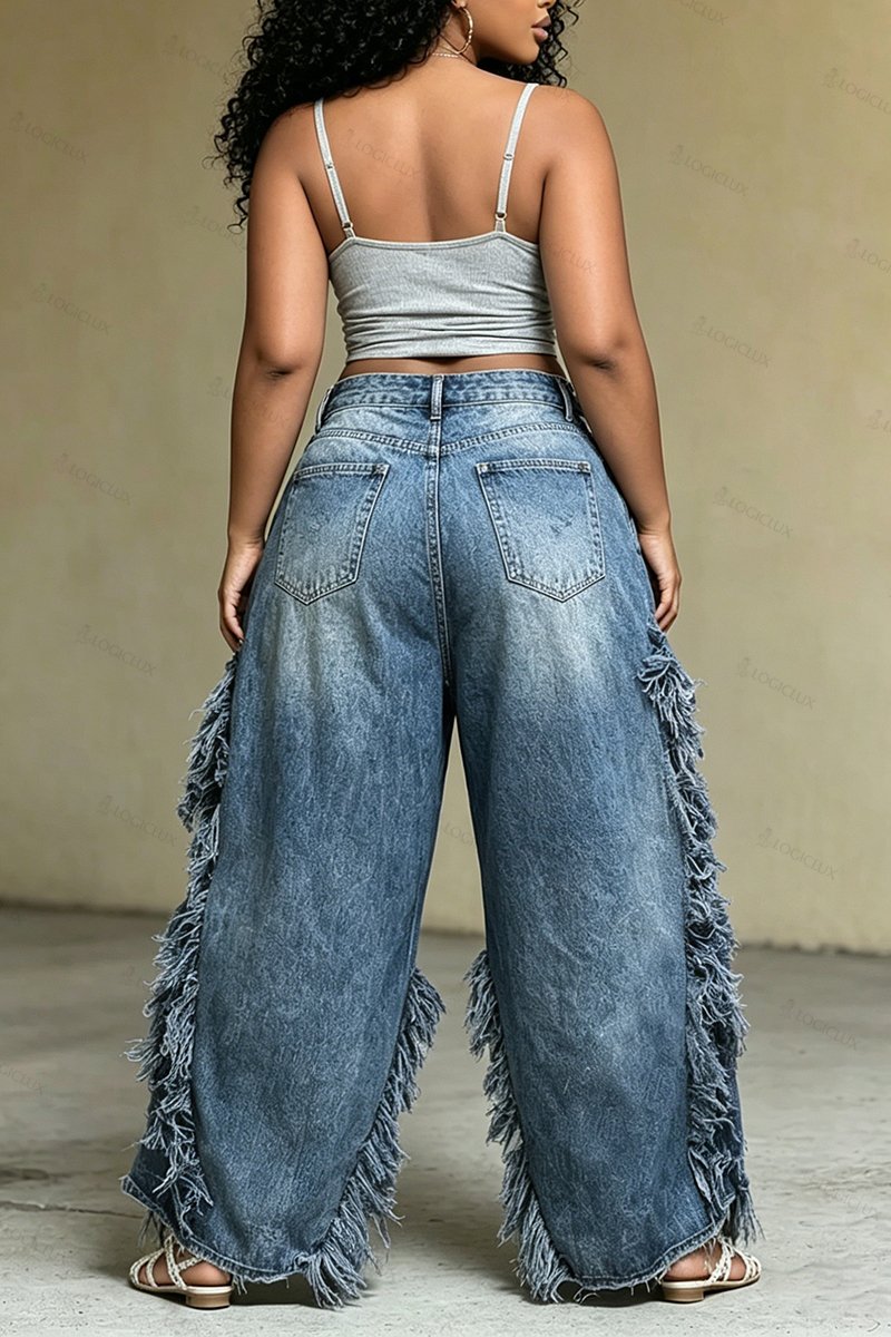 Women's Street Fashion Ripped Raw Hem Panel Jeans