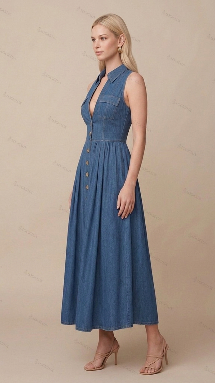 Womens Sleeveless Notched Collar Single-breasted Denim Maxi Dress