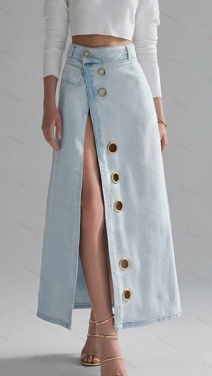 Womens Metal Ring Decorated Slit Denim Maxi Skirt