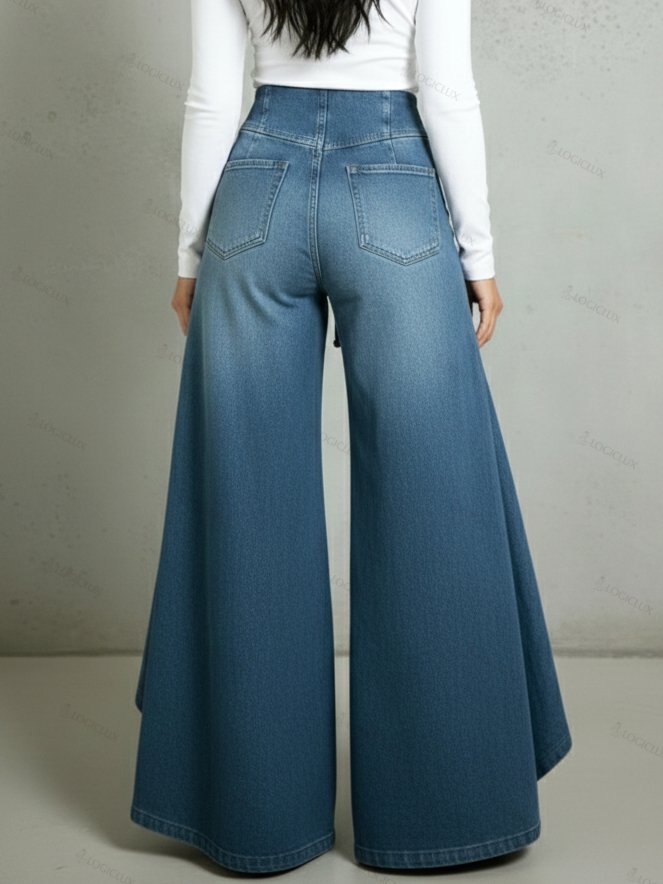 Retro High-waisted Ruffled Hem Tie-waist Loose-fitting Denim Jeans